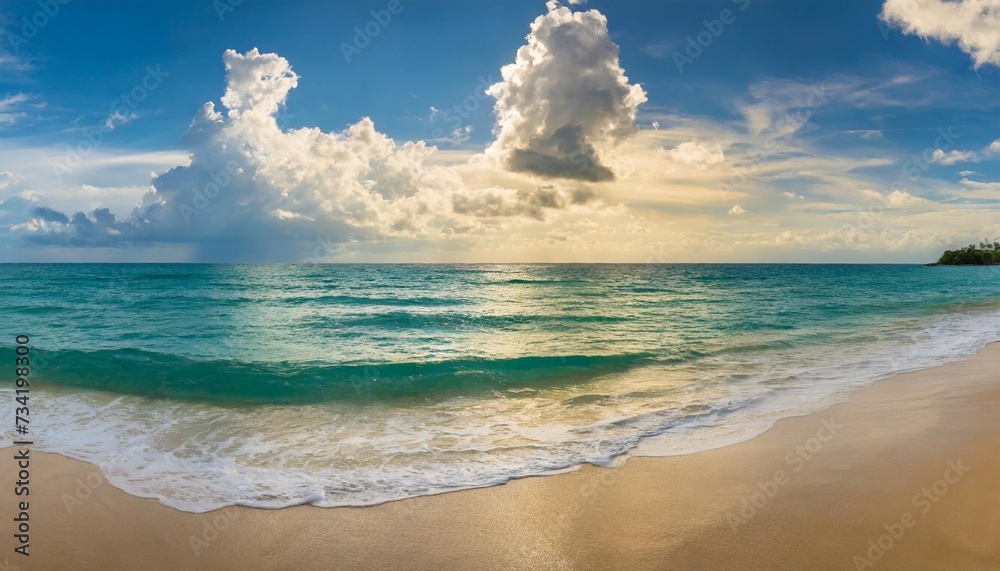 tropical beach panorama seascape with a wide horizon showcasing the beautiful expanse of the sky meeting the sea