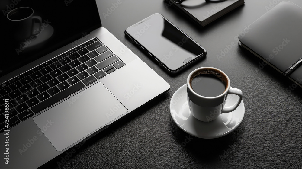 Sleek Tech Trio: Phone, Laptop, and Espresso Sleek Tech Trio: Phone, Laptop, and Espresso