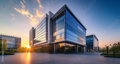 Sunset reflections on modern office building facade. Business center under evening sky. Dusk at the corporate hub. photo