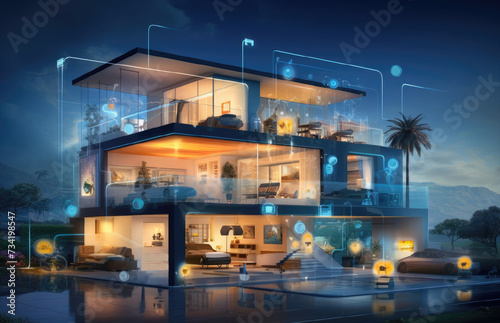 Digital composite of smart House with network interface In the evening