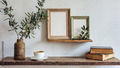 modern interior still life two floating shelves blank wooden picture frame mockup template vase with olive tree branches old books cup of coffee modern mediterranean home white wall background © Robert