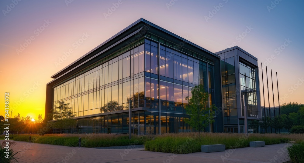 Sunset reflections on modern office building facade. Business center under evening sky. Dusk at the corporate hub.