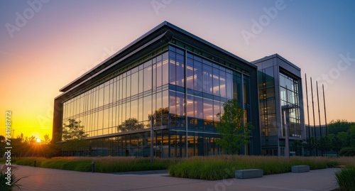 Sunset reflections on modern office building facade. Business center under evening sky. Dusk at the corporate hub.