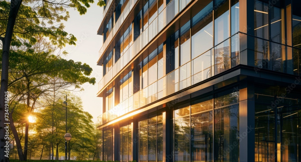 Eco-friendly office building at dawn. Sunrise warmth on modern glass facade. Sustainable architecture.