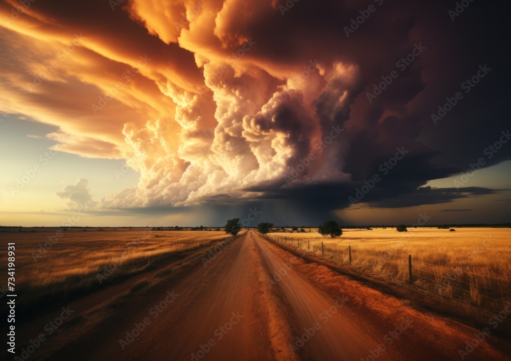 A road stretches into the distance, flanked by fields, under a sky filled with billowing clouds.