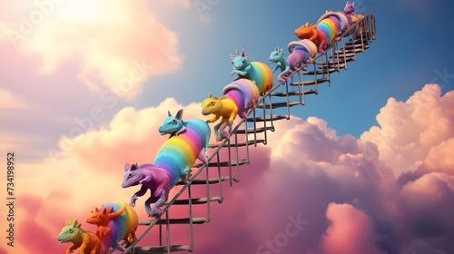 Colorful chameleons changing hues as they climb a rainbow staircase to the clouds