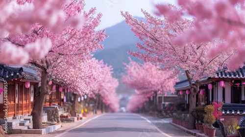 Cherry blossom festival in Korea, Japan, trees, park, spring, nature, pink flowers, street, road, oriental culture, architecture, national holiday, sakura, symbol, postcard, space for text