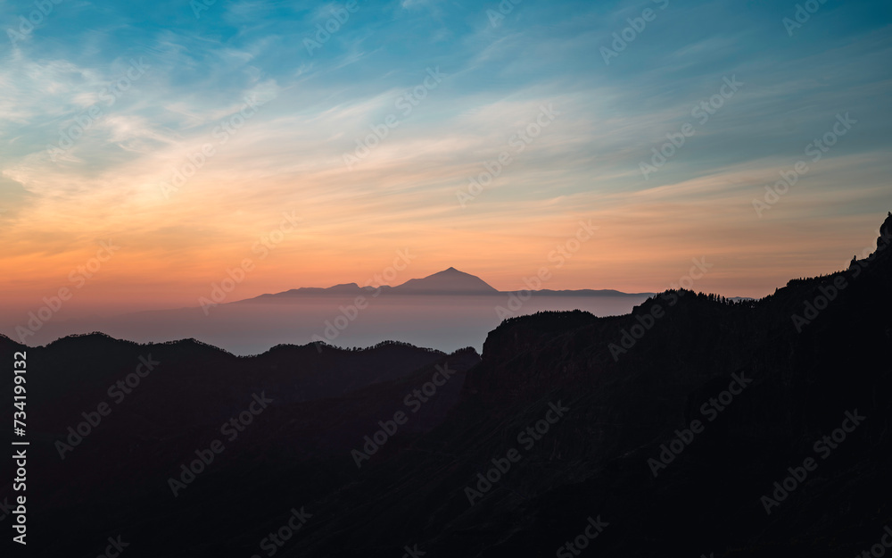 Silhouette of Mount Teide (Tenerife Island) at sunset, taken from the island of Gran Canaria.