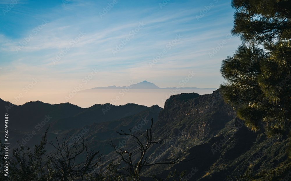 Silhouette of Mount Teide (Tenerife Island) at sunset, taken from the island of Gran Canaria.