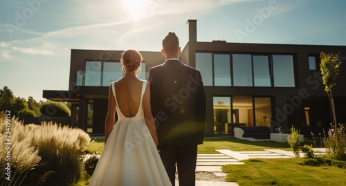 Newlyweds embracing future together overlooking new modern home. Bride and groom gazing at dream house, contemplating new life by luxury villa. Real estate concept.