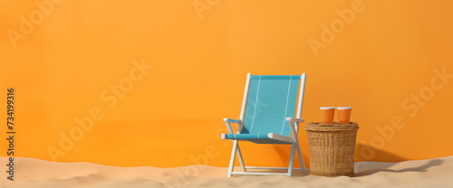background with beach chair orange wall copy space sand on the ground blue deckchair wicker table with glasses fruit juice drinks vacation holidays sunlight relaxation rest pleasure vivid bold colors photo