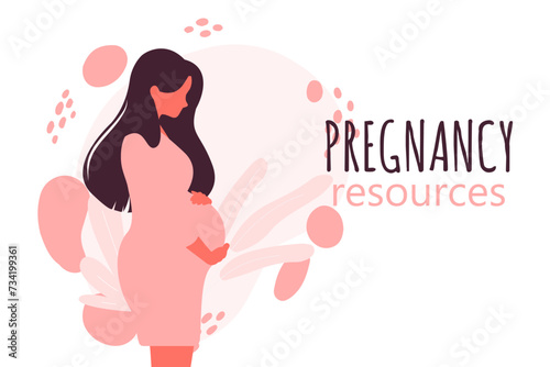 Happy pregnant woman holds her belly. Pregnancy resources type. Active well fitted pregnant female character. Happy pregnancy. Flat cartoon vector illustration