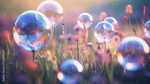 Crystal-clear bubbles containing miniature galaxies floating in a dreamy meadow, where tiny, whimsical beings ride on the surface of the iridescent orbs