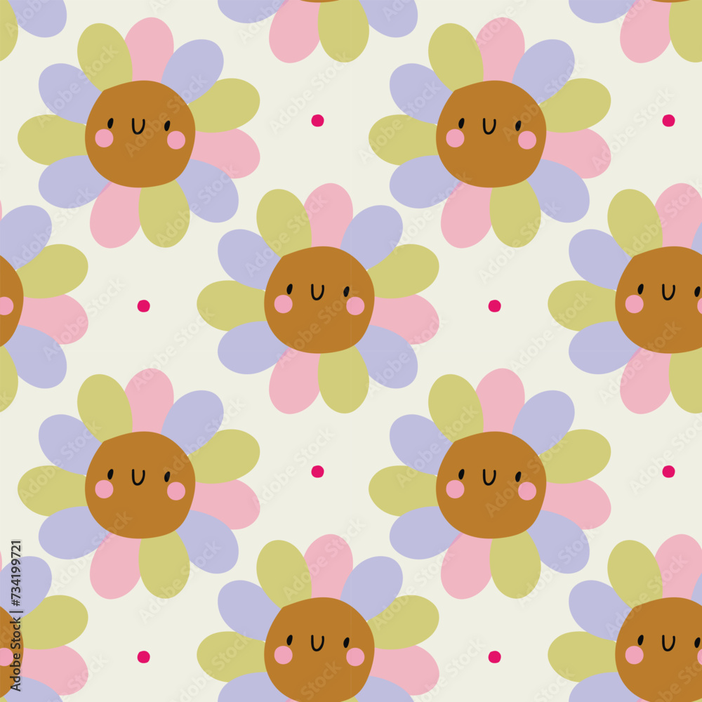 Vector pattern with colorful cartoon flowers on a beige background. Summer illustration