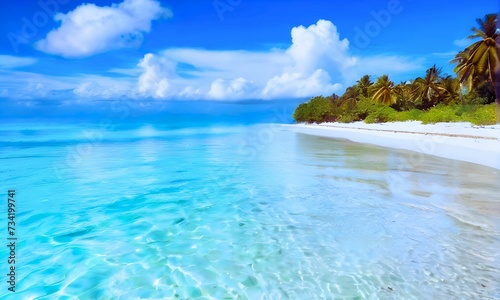 Tropical beach with white sand, tropical paradise, turquoise seascape, sandy shores, palm trees, exotic beach, summer getaway, vacation destination, Caribbean travel, Maldives landscape, serene
