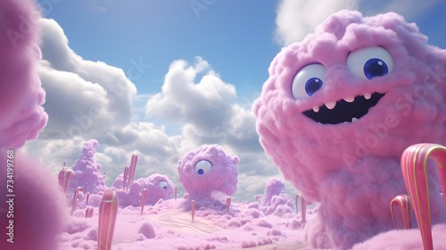 Curious aliens playing hide-and-seek among the vibrant clouds of a cotton candy planet