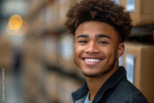 Smiling black worker with box in warehouse looking at the camera 