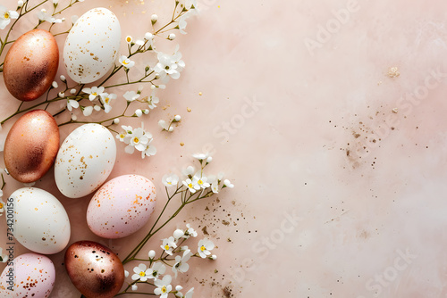 pink and rosw gold easter eggs lying on pink surface with small flowers and twigs. modern easter  top view concept of pink eggs  with copy space in trending colors photo