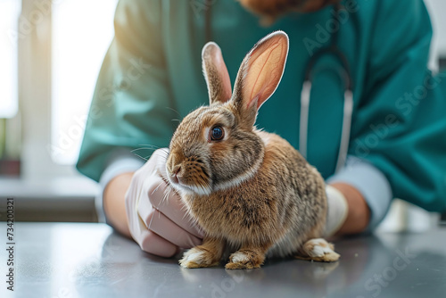 pet rabbit being treated by a veterinarian in a vet clinic, focus on rabbit, animal healthcare concept