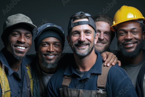 Smiling builders in work clothes and helmets on their heads look at the camera