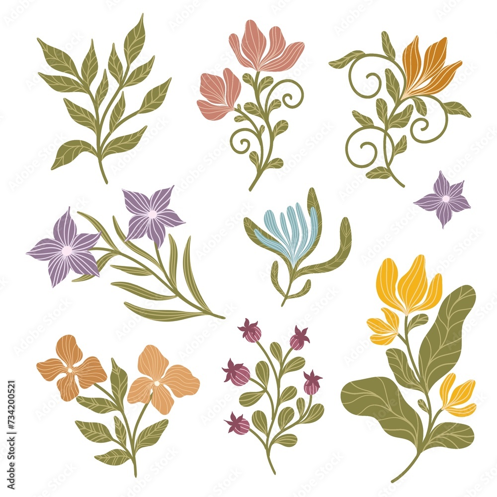 Clip art of a flowers in a simple style. Set of fantasy flowers in retro style, vintage, boho. Clip art of a flowers in a simple style. Set of fantasy flowers in retro style, vintage, boho.