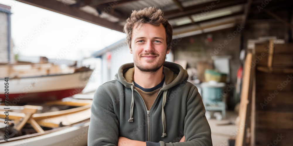 Bootsbauer am Arbeitsplatz schaut in die Kamera, im Hintergrund Boote Bootsbauer am Arbeitsplatz schaut in die Kamera, im Hintergrund Boote