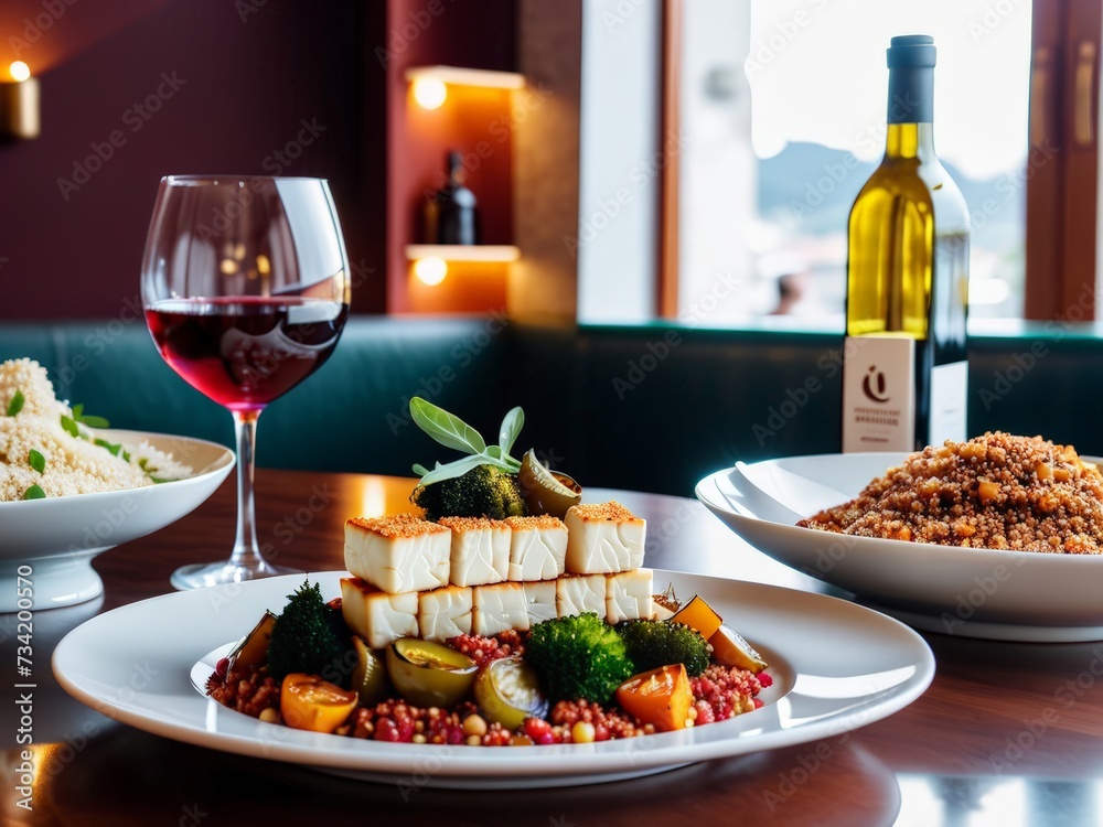 Vegetarian dish: Tofu, vegetables and quinoa elegant restaurant