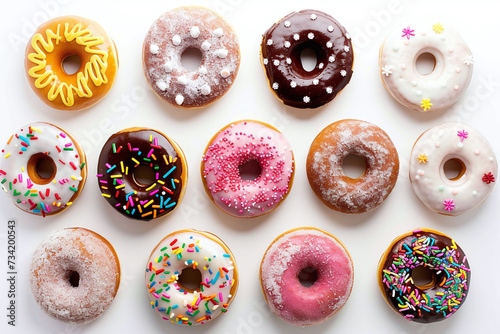 top view American glazed donuts of different flavors on white background. flat lay US style doughnuts with frosting