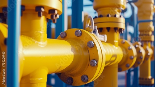 Industrial yellow pipelines and valves on blue sky background.