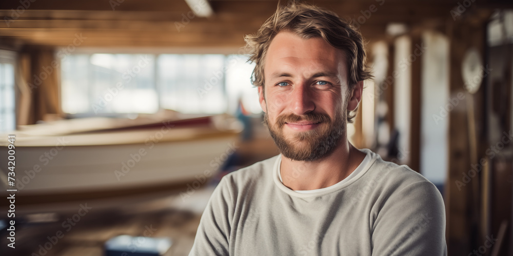 Bootsbauer am Arbeitsplatz schaut in die Kamera, im Hintergrund Boote - obrazy, fototapety, plakaty 