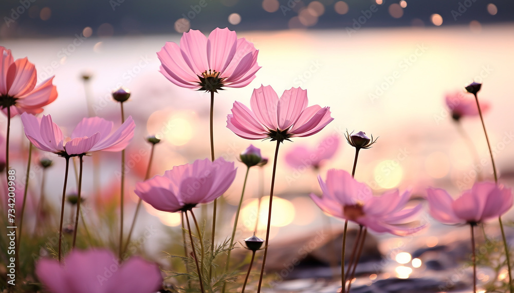 Fototapeta premium Vibrant pink and purple flowers blossom in the meadow generated by AI