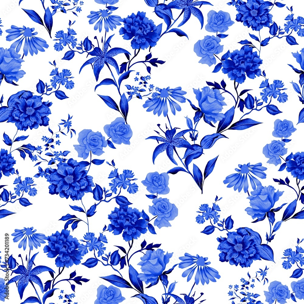 Watercolor flowers pattern, blue tropical elements, leaves, white background, seamless

