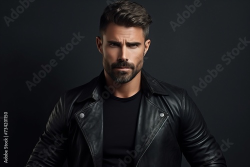 Portrait of a handsome man in leather jacket. Men's beauty, fashion.
