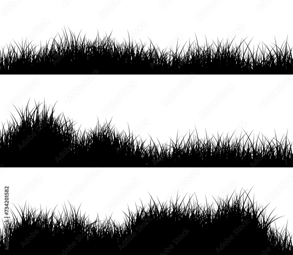 Fototapeta premium Set of meadow silhouette banners. Collection of realistic grass borders.