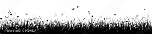 Meadow silhouette banner. Grass, spring, summer, Easter border