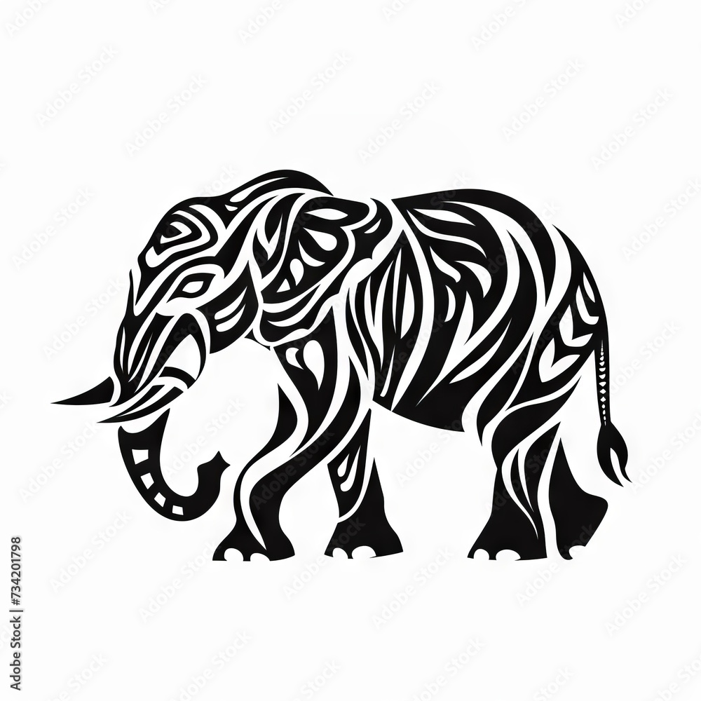 Elephant Tribal Vector Monochrome Silhouette Illustration Isolated on White Background - Tattoo - Clipart - Logo - Graphic Design Element