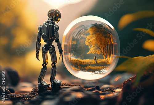 Natural language processing and robot communication tiny person concept, transparent background. Generative AI
