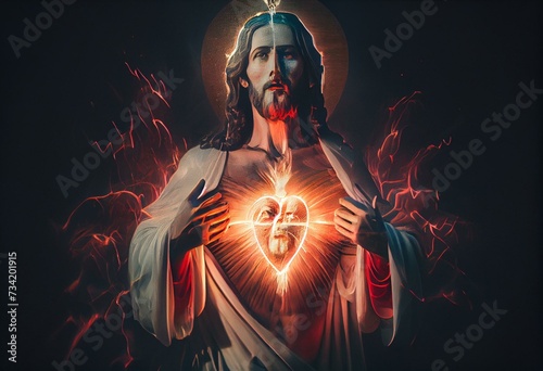 Sacred Heart of God Jesus of Divine Mercy. Generative AI photo