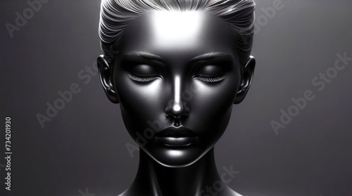 Sculpted metallic mannequin head with closed eyes and sleek  stylized hair