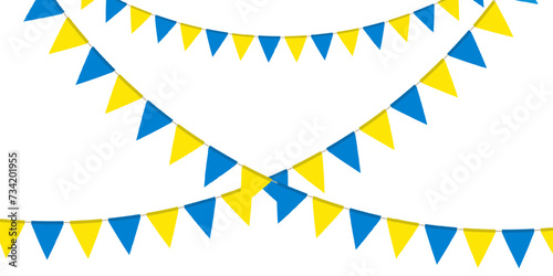 Blue and yellow flag garland. Triangle pennants chain. Party pennants, window or wall decoration decoration. Celebration flags for decor