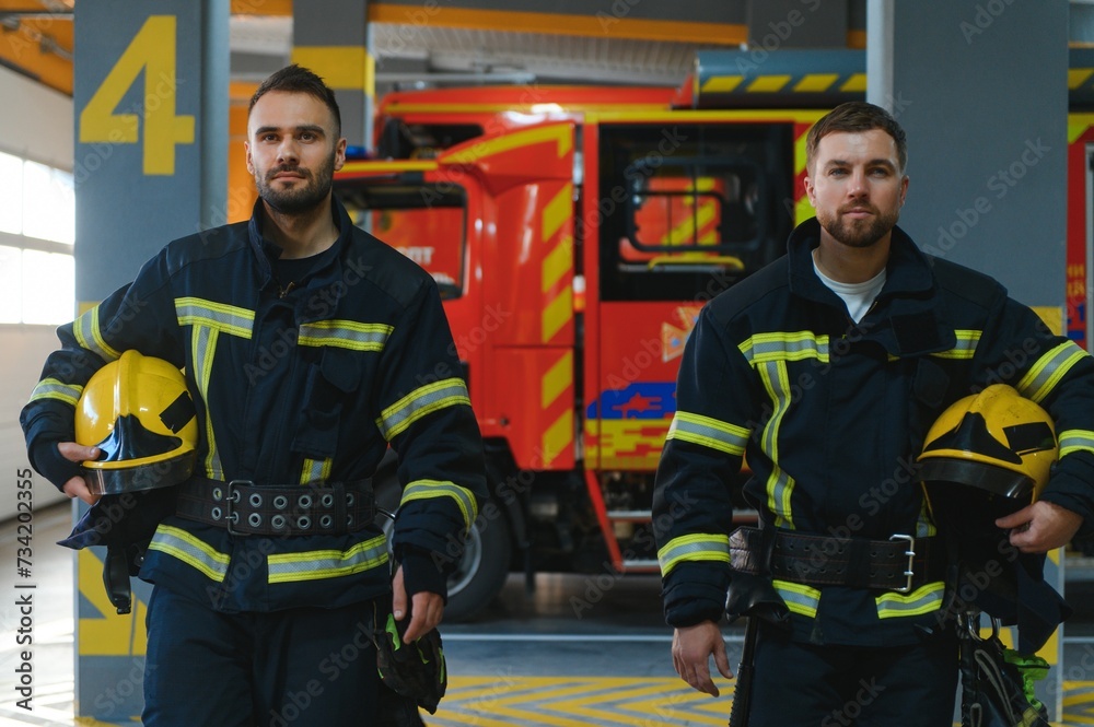 Portrait of two young firemen in uniform standing inside the fire station Portrait of two young firemen in uniform standing inside the fire station