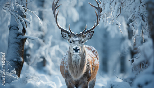 A majestic stag gazes, surrounded by snowy wilderness and tranquility generated by AI