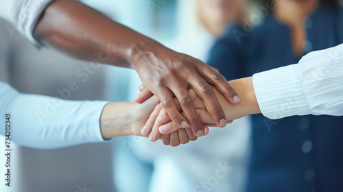 A diverse team of professionals standing together, their hands joined in unity, symbolizing strength and collaboration, blurred background, with copy space