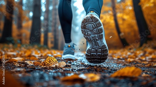 legs of a man in sports shoes running in autumn the forest at sunset