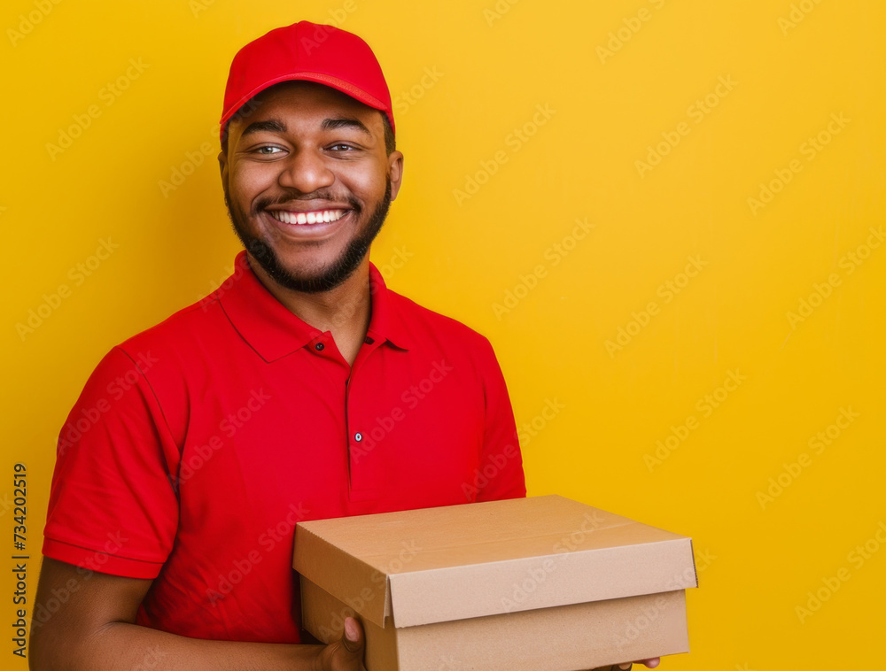 delivery person in red uniform,  with parcel
