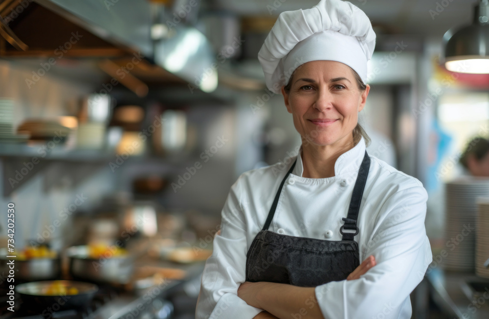 Caucasian middle aged female chef in a chef's hat standing in restaurant kitchen and smiling Caucasian middle aged female chef in a chef's hat standing in restaurant kitchen and smiling