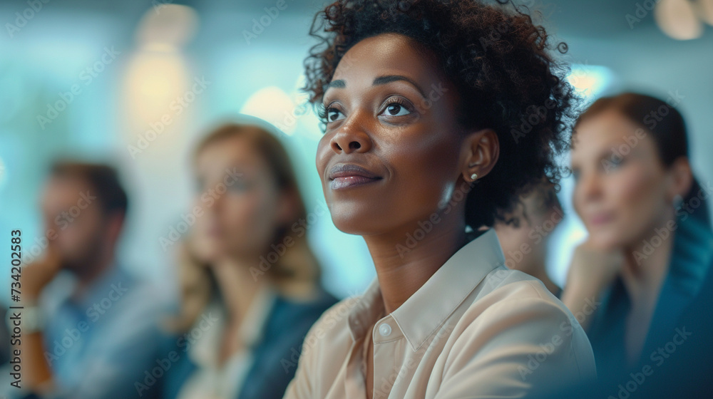 A corporate training session on diversity, with an expert addressing a room full of attentive employees, blurred background, with copy space