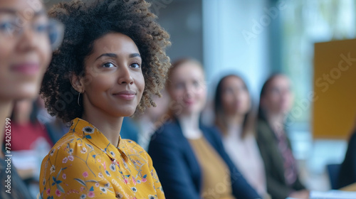 A corporate training session on diversity, with an expert addressing a room full of attentive employees, blurred background, with copy space photo