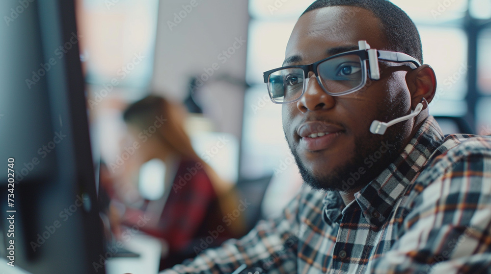 A visually impaired employee working with assistive technology, surrounded by supportive colleagues, highlighting inclusivity in tech, blurred background, with copy space A visually impaired employee working with assistive technology, surrounded by supportive colleagues, highlighting inclusivity in tech, blurred background, with copy space