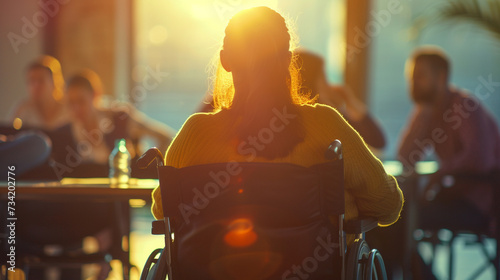 An employee using a wheelchair leading a project meeting, exemplifying an inclusive work environment, blurred background, with copy space